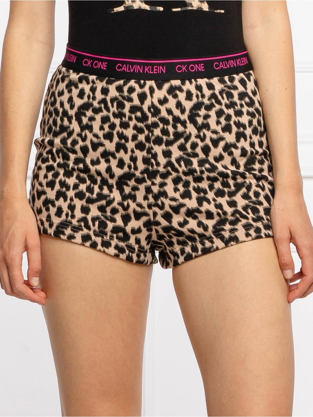 Calvin Klein Leopard-Print Lounge Shorts - Black & Tan with Pink Logo
